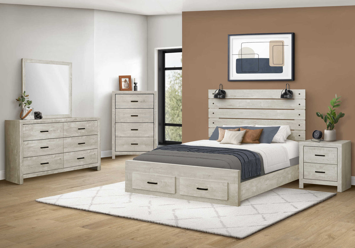 QUEEN SIZE BED / BLEACHED OAK / 2 LIGHTS / USB