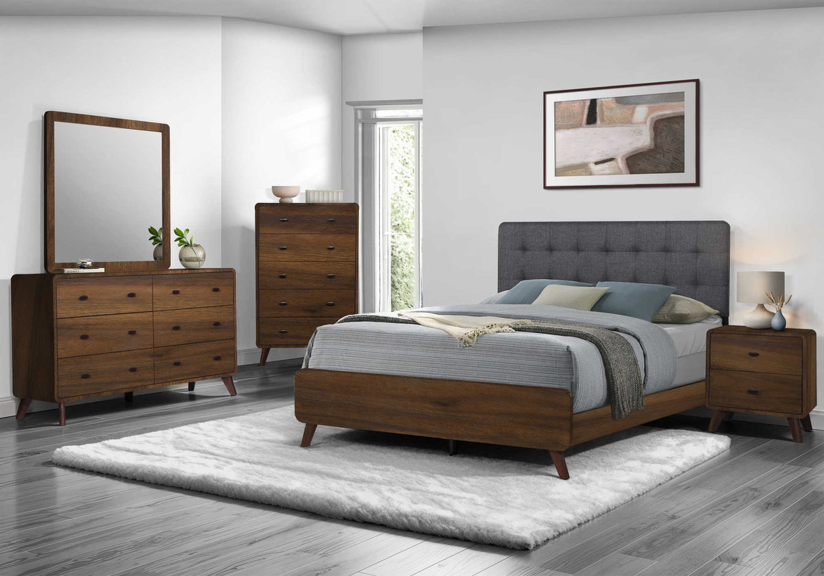 QUEEN SIZE BED / GREY FABRIC WALNUT FINISH