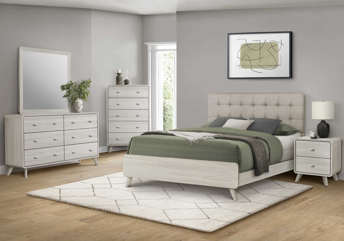 QUEEN SIZE BED / BEIGE FABRIC GREY OAK FINISH