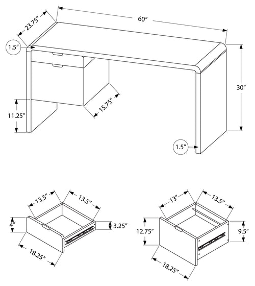 COMPUTER DESK - 60"L / HIGH GLOSSY WHITE L/R FACE DRAWER