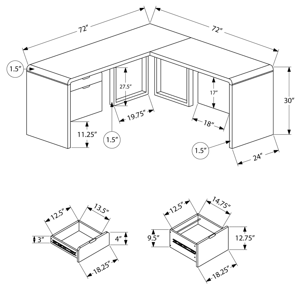 COMPUTER DESK - 72"L / HIGH GLOSSY WHITE LEFT/ RIGHT FACE